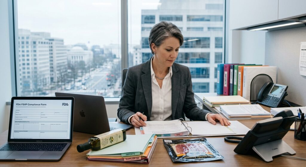 A professional editorial-style photograph depicting a serious, confident compliance consultant or regulatory expert sitting at a clean, organized desk in a modern office setting, reviewing official food safety documentation and binders filled with verification records. On the desk are neatly arranged folders, a laptop displaying regulatory forms, and imported food product packaging. Through a large window behind the consultant, a blurred American cityscape is visible, suggesting a U.S.-based presence. The lighting is crisp and professional, with cool neutral tones conveying trust, accountability, and preparedness. The atmosphere communicates readiness and regulatory expertise, with a phone prominently visible on the desk as if ready to receive an important call from government officials. Photorealistic, corporate editorial style.