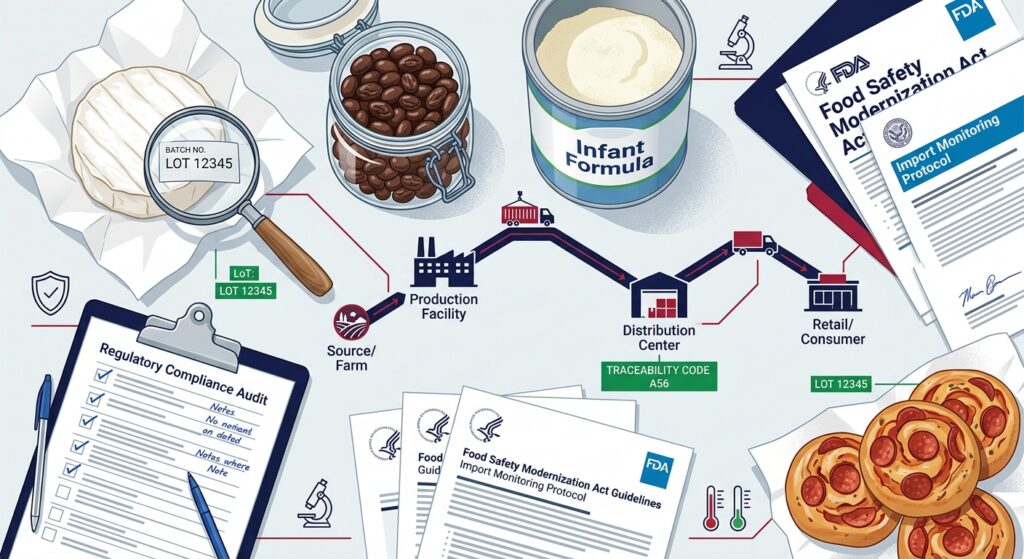 A clean, professional editorial-style illustration representing food safety and regulatory compliance in the food industry. The scene features an overhead flat-lay composition showing diverse food items including soft cheese, chocolate-covered raisins, infant formula, and pepperoni rolls arranged alongside regulatory documents, a clipboard with inspection checklists, and a magnifying glass symbolizing oversight and investigation. A supply chain map with lot codes and traceability labels connects various food products. The color palette is authoritative and modern — deep navy blue, white, and accents of red and green. The overall mood is informational and serious, conveying government food safety enforcement, import monitoring, and traceability compliance in the context of the U.S. food industry.