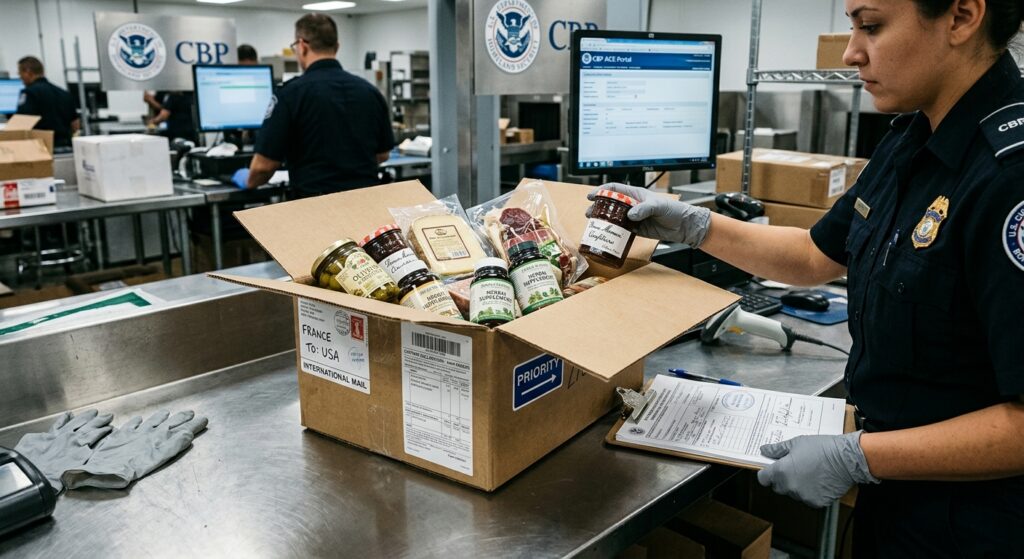 A photorealistic editorial-style image depicting an international mail package labeled with food import customs documentation arriving at a U.S. customs inspection station. The scene shows a sturdy cardboard shipping box with international postage markings sitting on a stainless steel inspection counter, surrounded by official-looking customs forms and compliance paperwork. In the background, blurred federal agency seals and a computer screen displaying a customs data entry interface suggest regulatory oversight. A customs officer's gloved hands are visible examining the package. Specialty food items such as glass jars of preserved goods, vacuum-sealed specialty products, and herbal supplement bottles are partially visible inside the open box. The lighting is cool and institutional, emphasizing the bureaucratic and regulatory nature of the scene. The overall tone is serious, procedural, and documentary in style, conveying the complexity of food import compliance and customs processing.