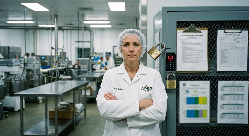 A serious, editorial-style photograph depicting a food manufacturing facility worker in a white coat and hairnet standing protectively in front of a secured digital interface or locked filing cabinet, with subtle visual elements suggesting official regulatory documentation and cybersecurity — a padlock icon, a shield symbol, and blurred official-looking forms in the background. The setting is a clean, professional industrial food production environment with stainless steel surfaces and soft overhead lighting. The overall mood is cautionary and authoritative, conveying themes of data protection, regulatory compliance, and food industry security. Photorealistic style with a muted, cool color palette of whites, blues, and grays.