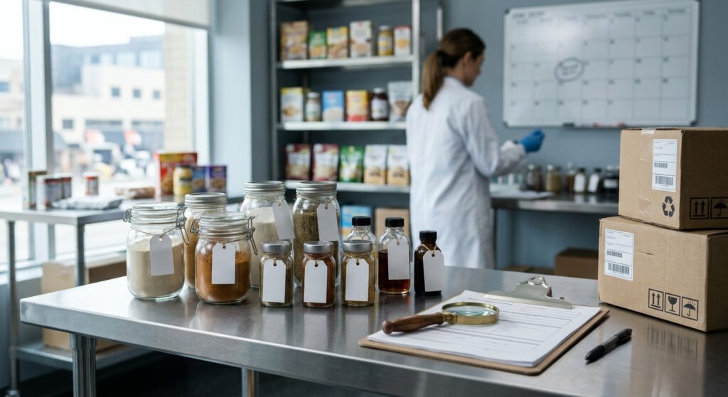 Editorial-style photograph of a modern food safety regulatory office: a stainless steel laboratory table in the foreground holds neatly organized glass jars and vials containing various food ingredients—powders, spices, liquid extracts—each labeled with blank white tags awaiting documentation. Behind them, a clipboard with official-looking paperwork and a magnifying glass rest beside stacked import shipping boxes labeled with generic international shipping marks. In the background, soft-focus shelves of packaged food products and a large wall calendar with a circled date suggest an approaching deadline. Natural light streams through large windows, creating a clean, professional, slightly clinical atmosphere in muted blues, whites, and steel tones. The composition conveys scrutiny, transparency, and regulatory oversight—no visible text, logos, or legible writing anywhere in the frame. Shot in a realistic, high-resolution editorial photography style with shallow depth of field emphasizing the jars and documentation in sharp focus.