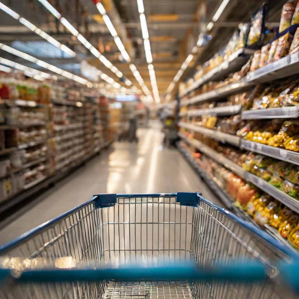 Firefly a shopping cart going down an aisle in a grocery store; focus on handle, first-person view a Firefly a shopping cart going down an aisle in a grocery store; focus on handle, first-person view a