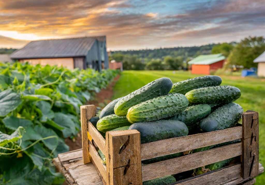 Firefly an image of a crate of cucumbers at a farm in landscape format 99650 Firefly an image of a crate of cucumbers at a farm in landscape format 99650